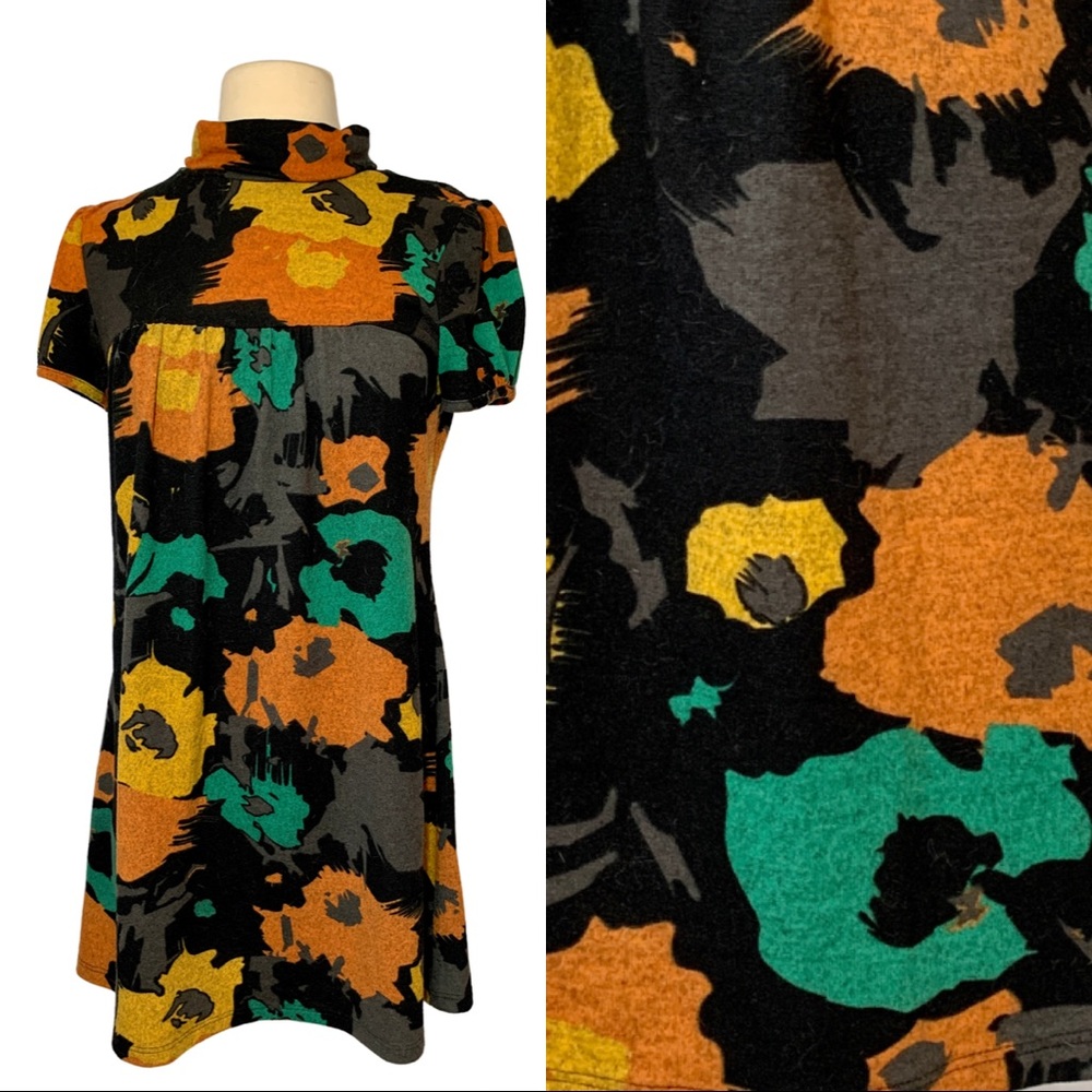 Miuse Women's Black Knit High Neck Dress Floral Cap Sleeve Soft Comfy Large